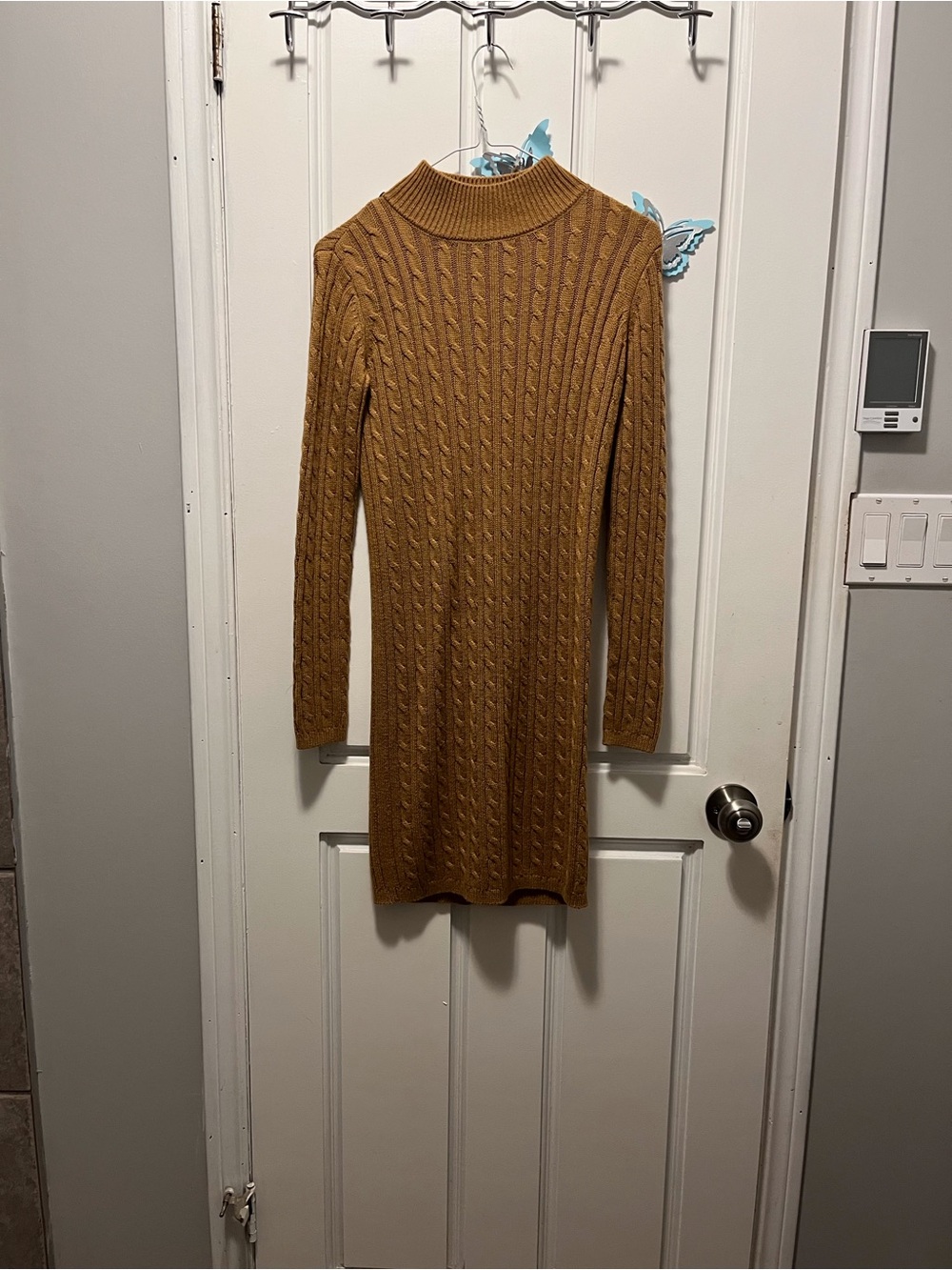 No Boundaries Cable-Knit Long Sleeve Dress in Camel Brown